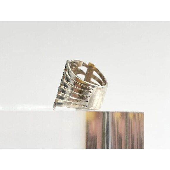 Art Deco Marcasite Gemstone Wavy Chunky Banded Gemstone Vintage Ring - sz 5.5 - Picture 4 of 10